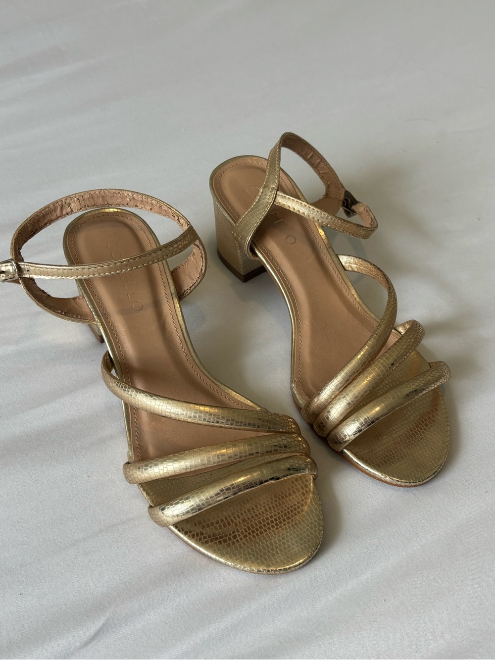 Metallic Gold Strappy Block Heel Sandals - Women